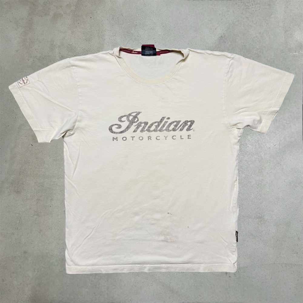 Indian Motorcycle T-Shirt Mens L Cream Biker Graphic Distressed Cotton Tee